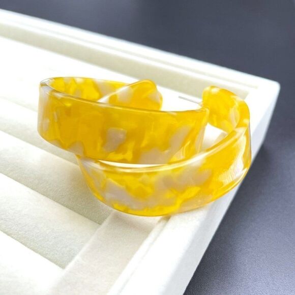 Yellow with Pearly White Swirl Acrylic Chunky Open Hoop Post Back Earrings - Picture 7 of 11